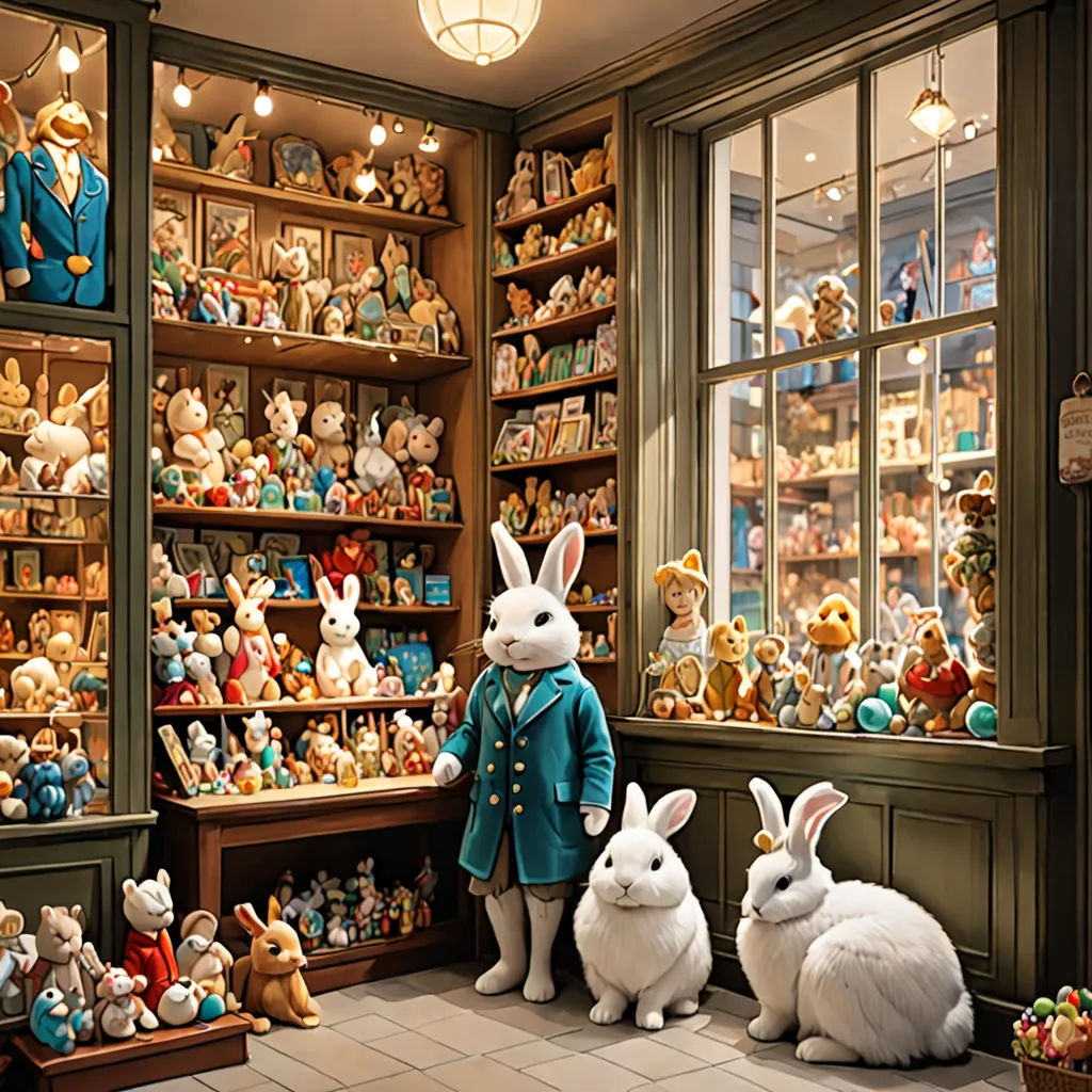 a room filled with lots of stuffed animals and stuffed animals sitting on the floor next to each other in front of a window, magical realism, a storybook illustration, Beatrix Potter, highly detailed digital art