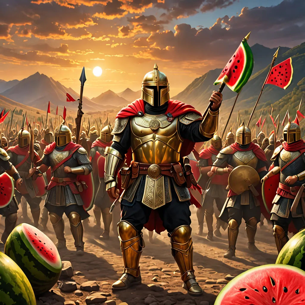a painting of a man in armor holding a watermelon slice and a flag in front of a group of people, fantasy art, concept art, Anne Stokes, fantasy concept art