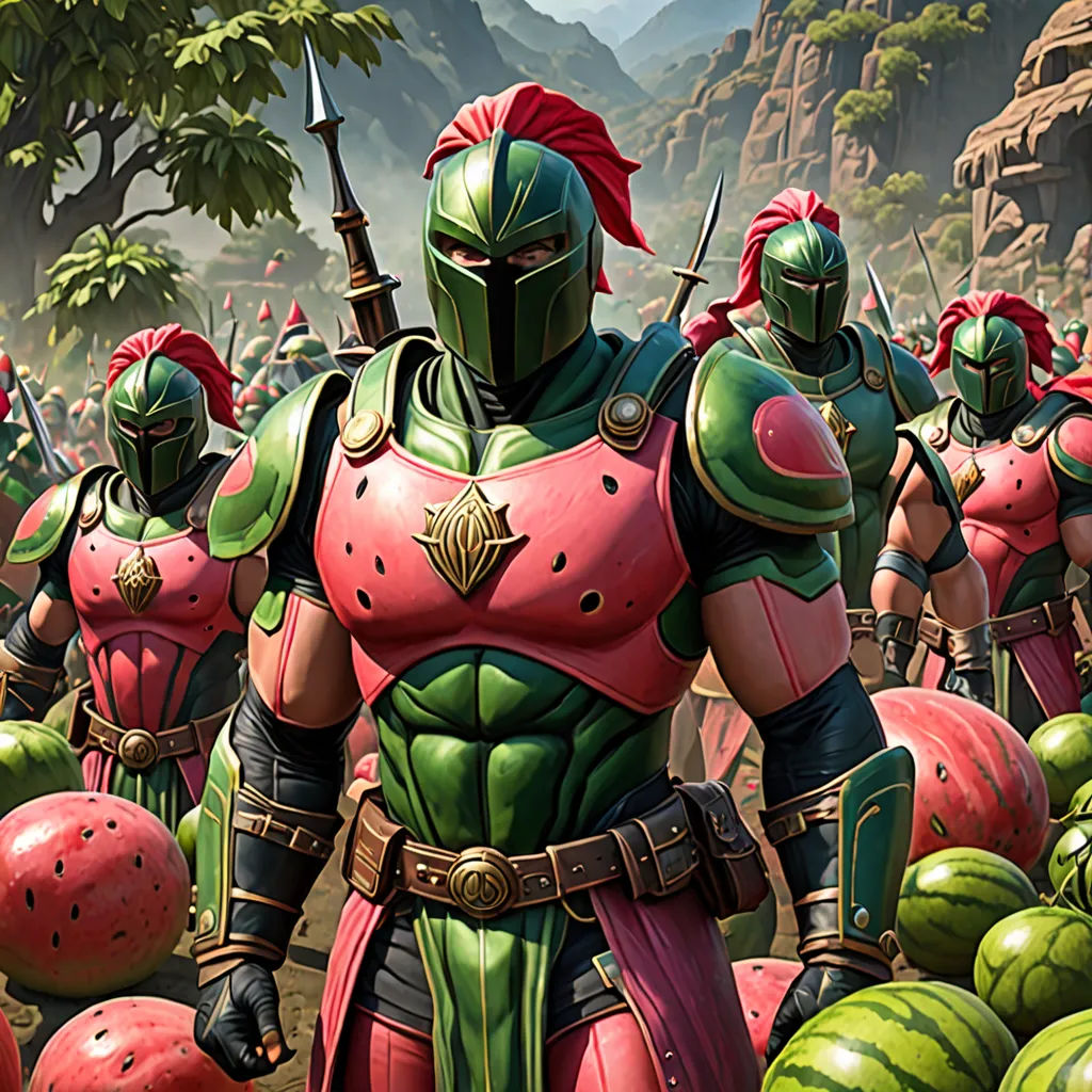 a group of people in armor standing in a field of fruit and vegetables with mountains in the background and a sky, fantasy art, concept art, Chris Rahn, armor
