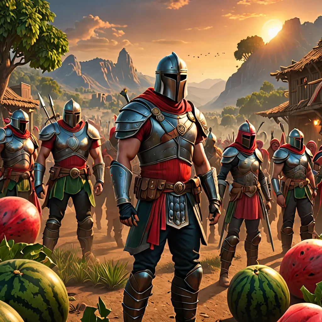 a group of people in armor standing in a field of watermelons and watermelon slices in front of a mountain, fantasy art, concept art, Cedric Seaut (Keos Masons), conceptart