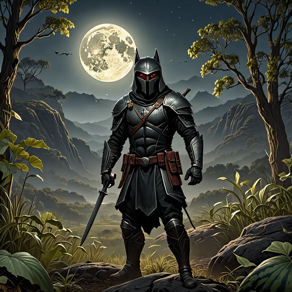 a man in a black suit with a sword standing in a forest under a full moon with trees and bushes, fantasy art, a character portrait, Dan Mumford, epic fantasy character art