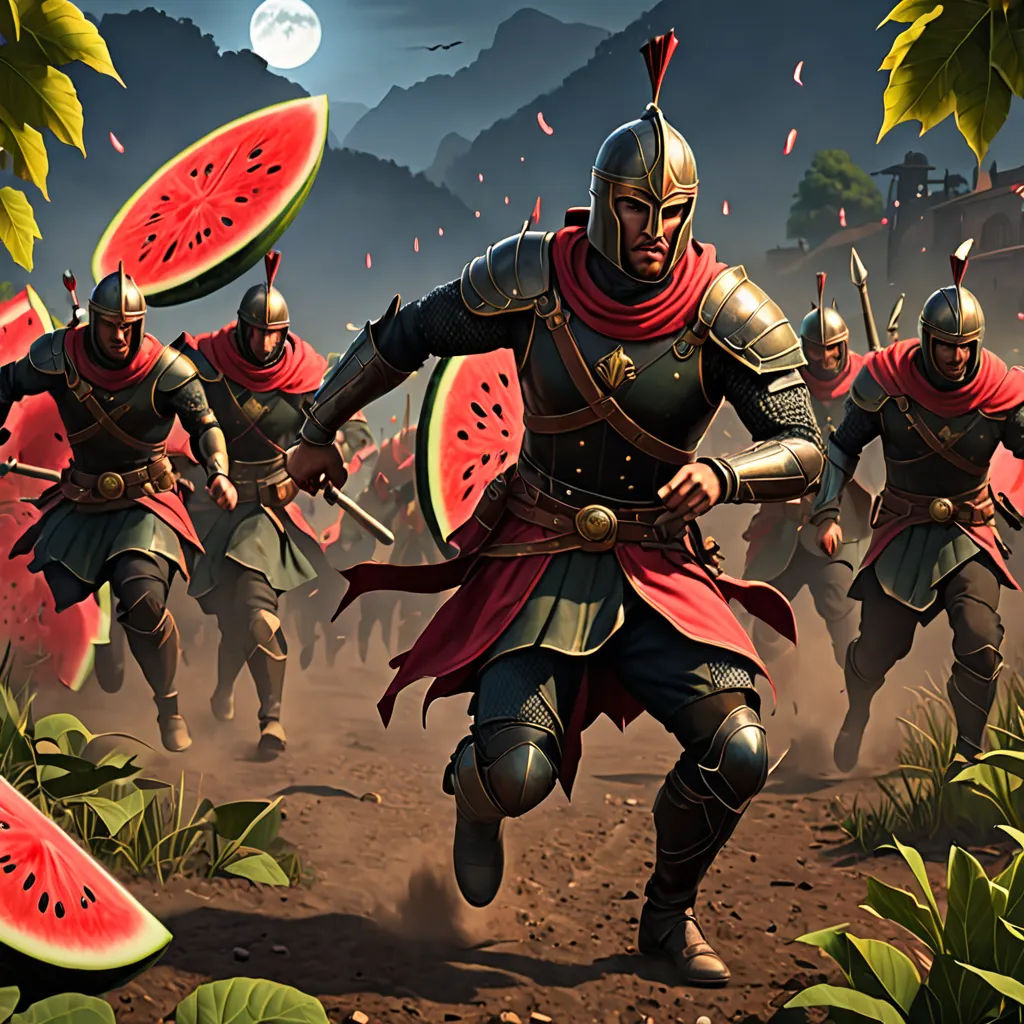 a group of men in armor running through a field with watermelon slices in their hands and a sword in their hand, antipodeans, concept art, Altichiero, key art