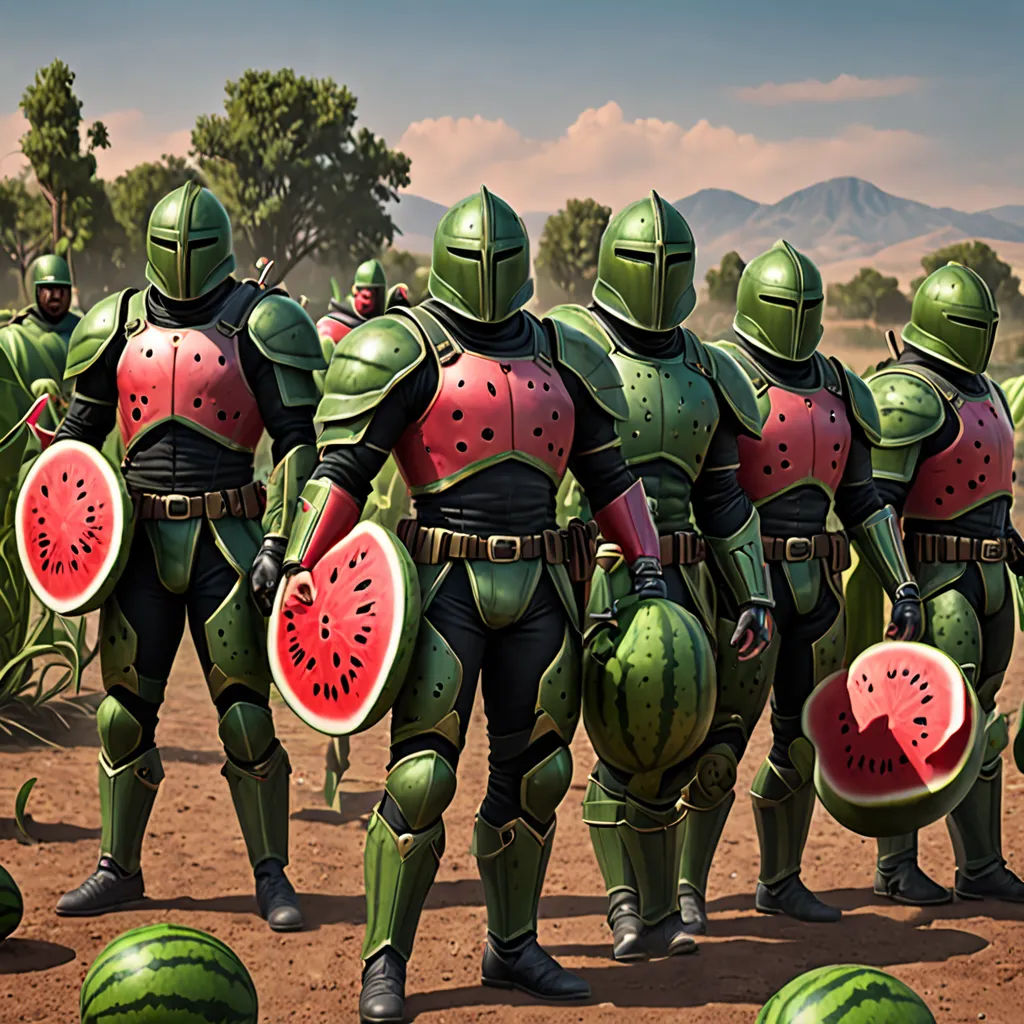 a group of people in armor and watermelon slices in a field with trees in the background and a sky in the background, antipodeans, concept art, Filip Hodas, ultra realistic digital art