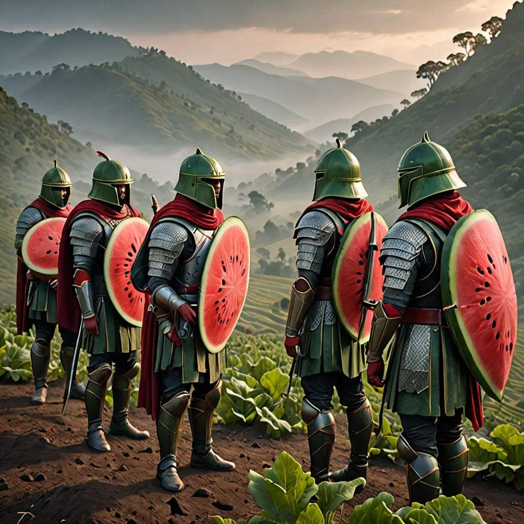a group of men in armor standing on a field of watermelon slices with mountains in the background, antipodeans, concept art, Chris LaBrooy, foto realistic
