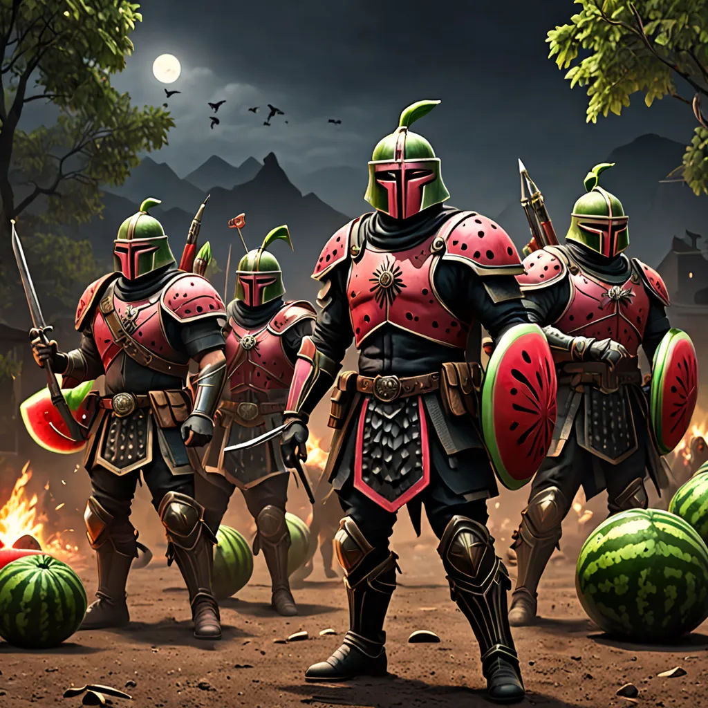 a group of knights standing next to each other in front of a fire pit with watermelon slices, antipodeans, concept art, Boetius Adamsz Bolswert, conceptart