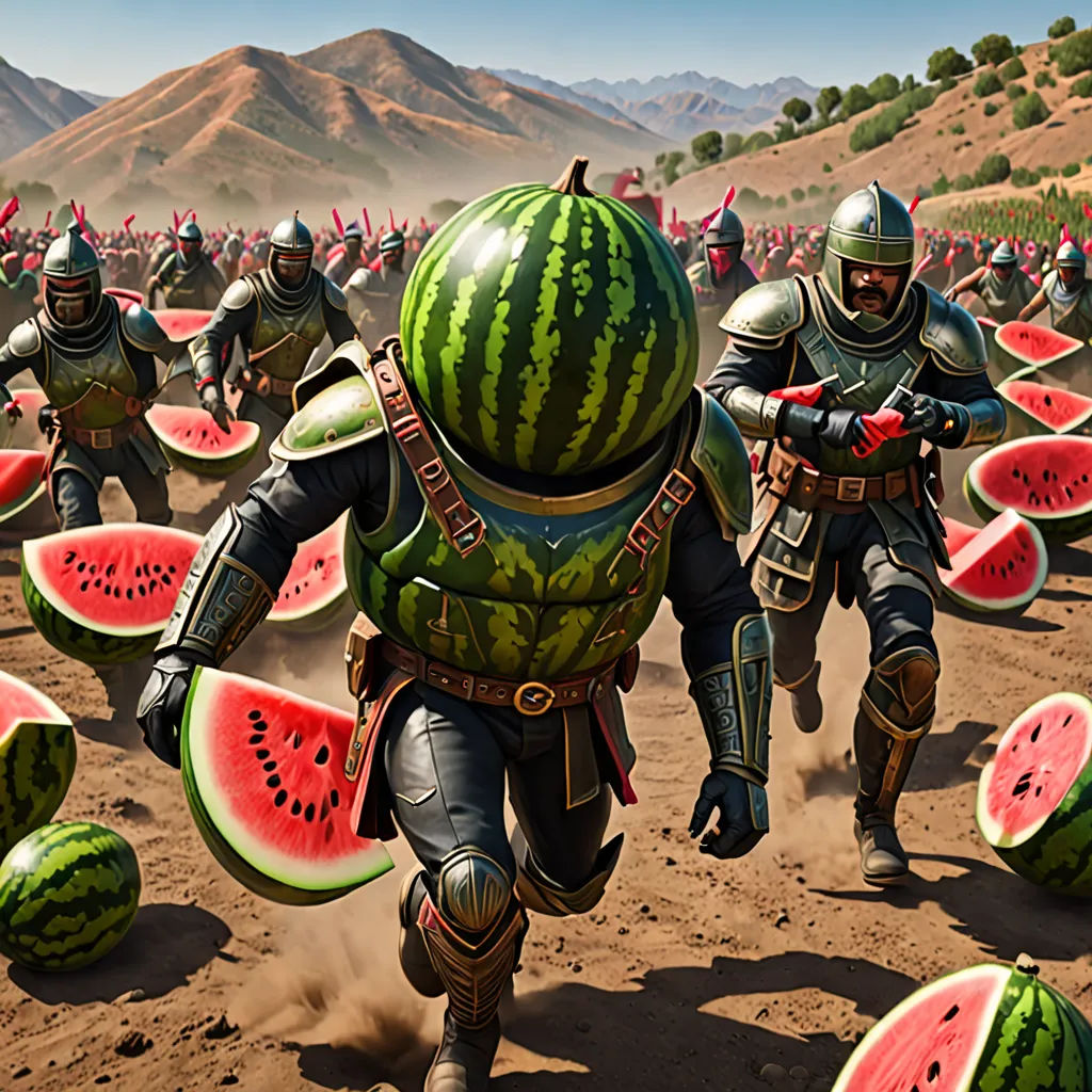 a group of people in armor walking through a field of watermelon slices and watermelons on a sunny day, antipodeans, concept art, Chris LaBrooy, intricate concept art
