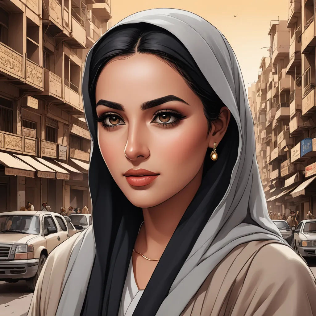 a woman in a headscarf is standing in a street with cars and buildings in the background and a city street, serial art, egyptian art, Charlie Bowater, very detailed face