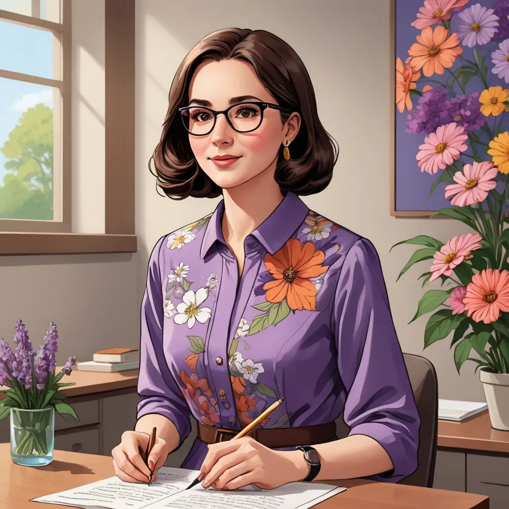 a woman sitting at a desk with a pen and paper in her hand and flowers in a vase behind her, american scene painting, a character portrait, Ada Gladys Killins, character portrait