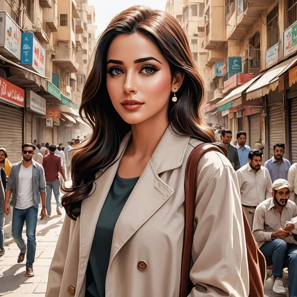 a woman in a trench coat is standing in a crowded street with people walking by on the sidewalk and on the sidewalk, hyperrealism, a photorealistic painting, artist, highly detailed digital painting