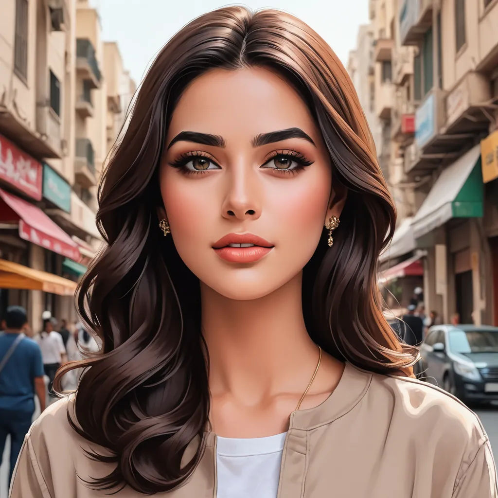 a woman with long hair and a brown jacket on a street corner with a car in the background and a man in the background, photorealism, a photorealistic painting, Bouchta El Hayani, highly detailed digital painting