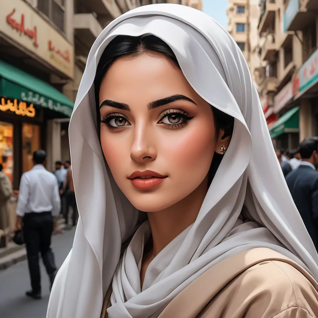 a woman in a headscarf is standing on a street corner in a city with people walking around, qajar art, a digital painting, Bouchta El Hayani, highly detailed digital painting