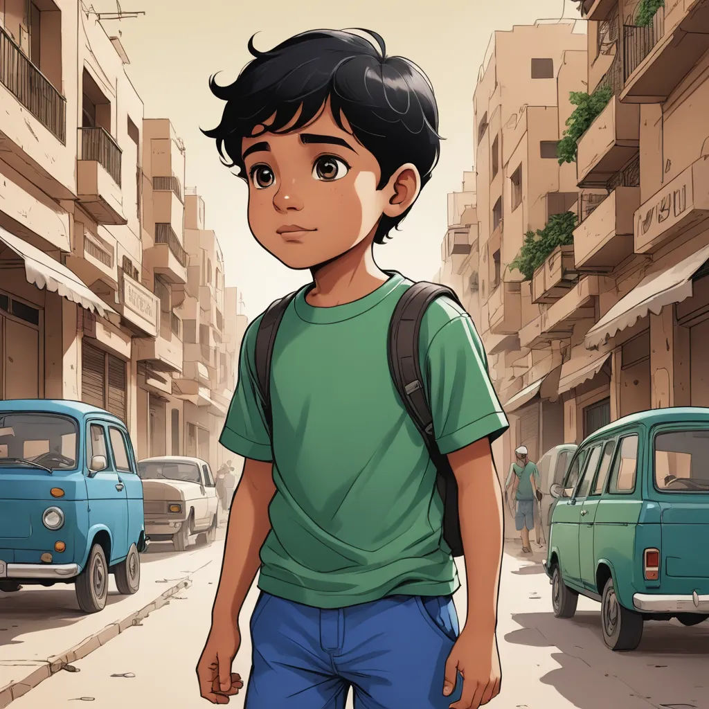 a boy in a green shirt and blue pants standing in the street with a backpack on his shoulder and a blue van behind him, serial art, a comic book panel, Asaf Hanuka, graphic novel