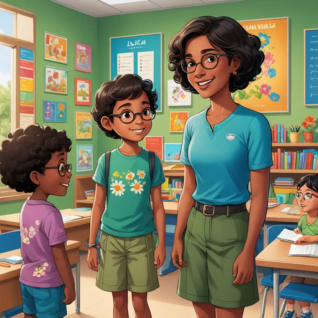a woman and two children in a classroom with a green wall and a green wall with a picture of a woman and two children, american scene painting, concept art, Chris LaBrooy, promotional image