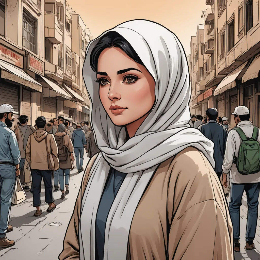 a woman in a headscarf is standing in a crowded street with people walking around her and a man in a suit and tie, unilalianism, a comic book panel, Ambreen Butt, graphic novel