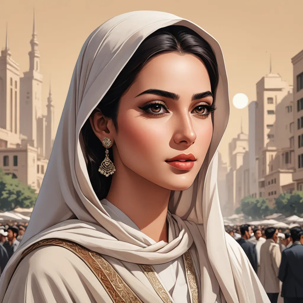 a painting of a woman in a white dress and a white shawl with a city in the background, qajar art, a detailed painting, Amir Zand, highly detailed digital painting