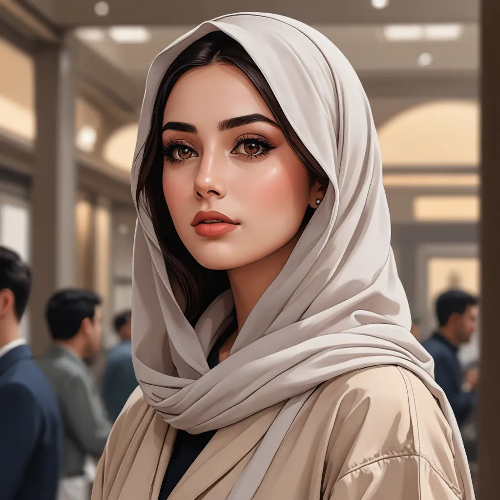 a woman with a headscarf is standing in a crowd of people in a building with a man in the background, digital art, a digital painting, Atey Ghailan, highly detailed digital painting