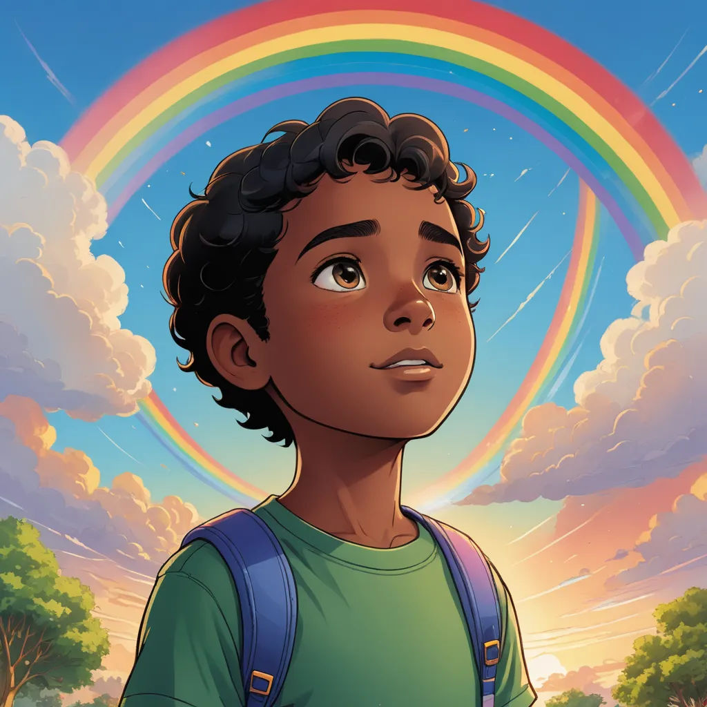 a boy with a backpack standing in front of a rainbow and clouds in the sky with a rainbow in the background, symbolism, a storybook illustration, Aaron Jasinski, comic cover art