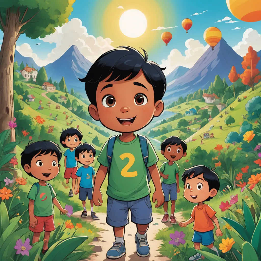 a cartoon boy standing in front of a group of children on a path with a mountain in the background, samikshavad, a storybook illustration, Abidin Dino, promotional image