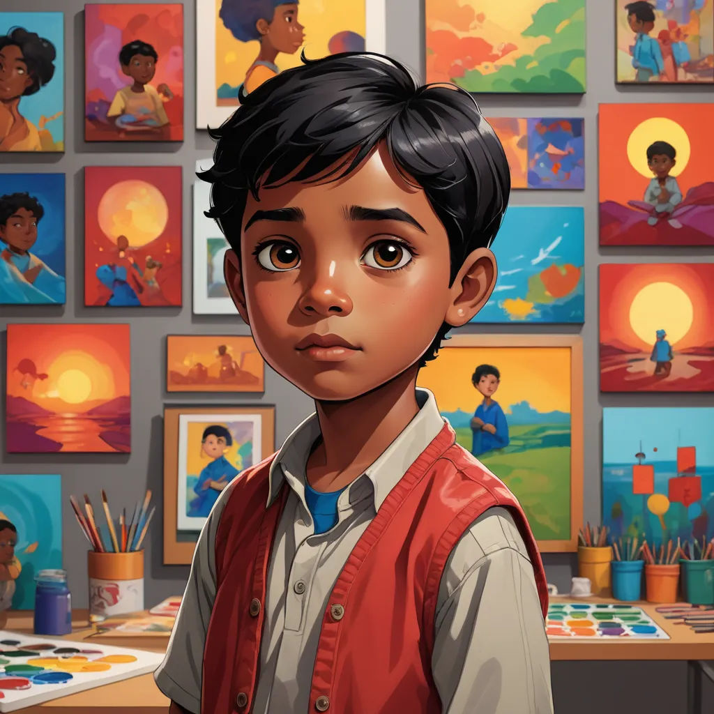 a boy in a red vest is standing in front of a wall of paintings and a painting palettes, serial art, poster art, Aaron Jasinski, art station