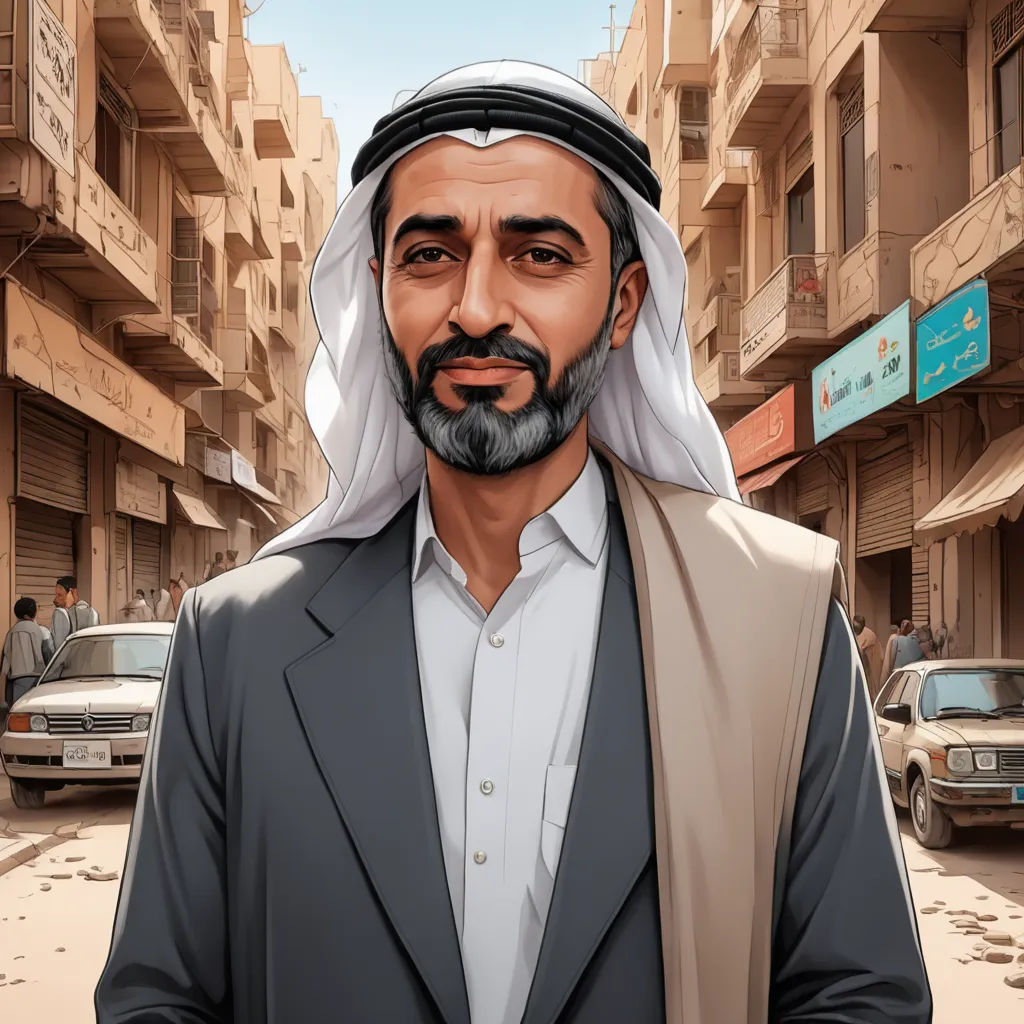 a man in a suit and a beard standing in a street in front of a building with a sign, serial art, a character portrait, Ahmed Karahisari, character portrait