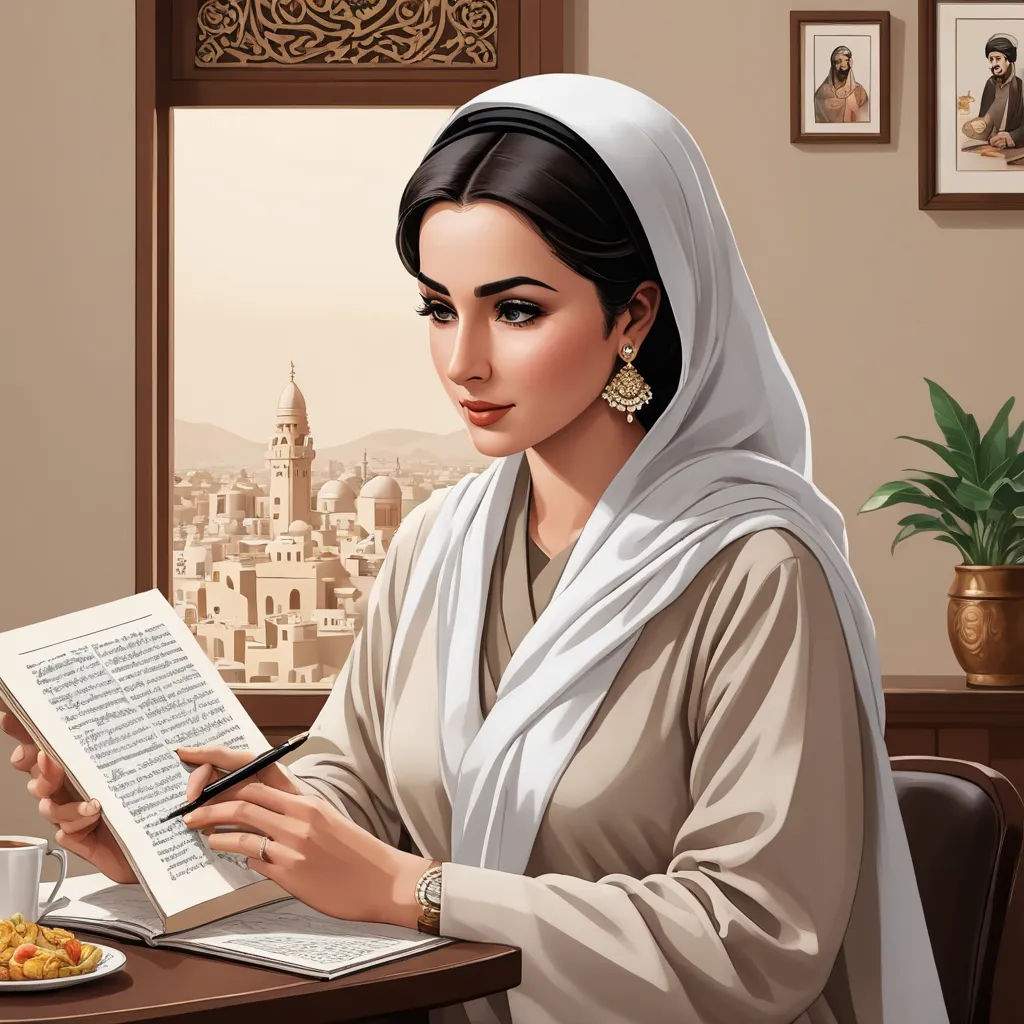 a woman sitting at a table writing on a piece of paper with a cup of coffee in front of her, serial art, a storybook illustration, Art & Language, storybook illustration