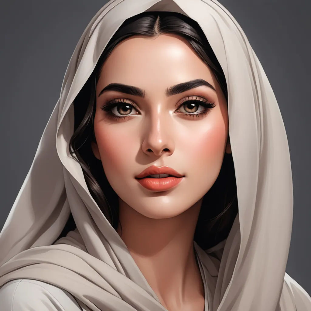 a woman with a veil on her head and a gray background with a gray background and a gray background, qajar art, a digital painting, Charlie Bowater, highly detailed digital painting