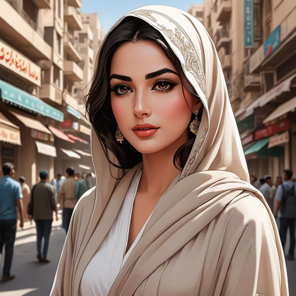 a woman in a headscarf is standing on a street corner with people walking by and buildings in the background, fantasy art, a digital painting, Charlie Bowater, highly detailed digital painting