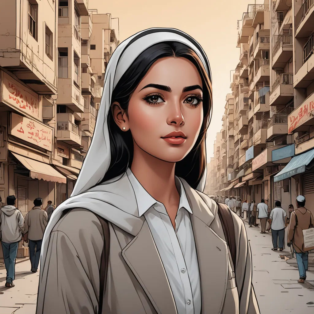 a woman in a nun outfit standing in a street with people walking by on the sidewalk and buildings in the background, serial art, a comic book panel, Ambreen Butt, comic cover art