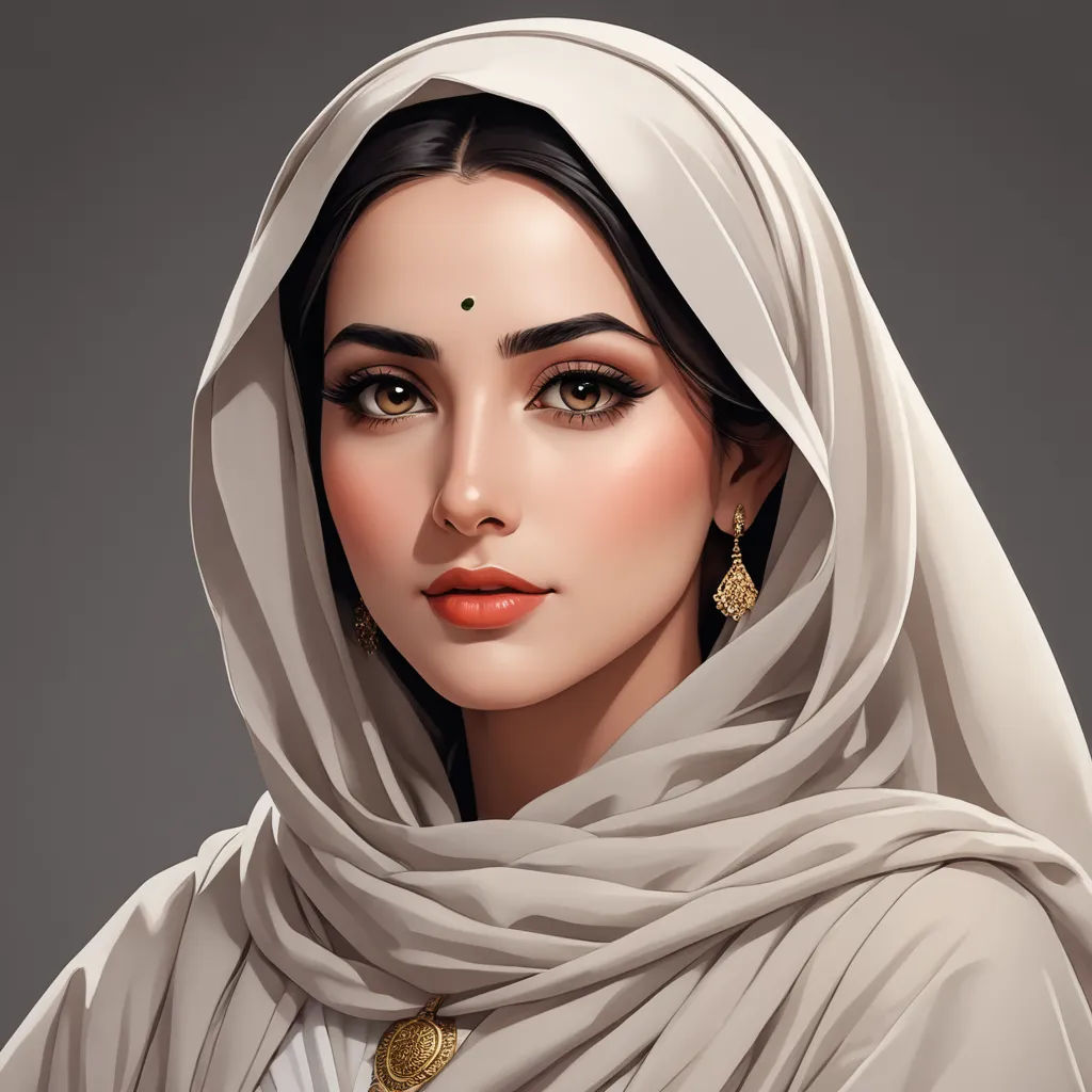 a woman with a white veil and gold earrings on her head and a white shawl over her head, qajar art, a detailed painting, Charlie Bowater, rpg portrait