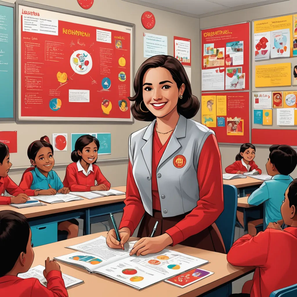 a woman in a red shirt and a group of children in a classroom with a teacher in front of her, retrofuturism, a storybook illustration, Ada Gladys Killins, promotional image