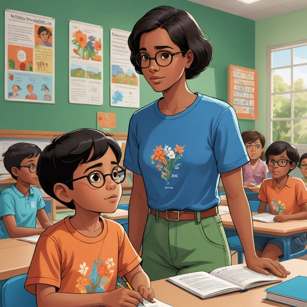 a woman standing next to a boy in a classroom with other children sitting at desks and looking at a book, bengal school of art, a storybook illustration, Bikash Bhattacharjee, official art