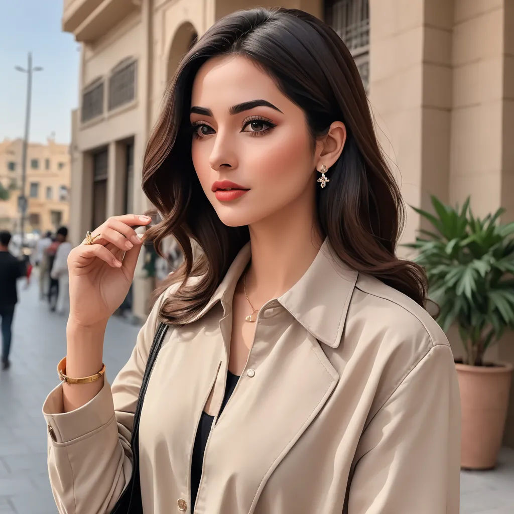 a woman in a tan jacket is holding a cigarette and looking at the camera while standing on a sidewalk, aestheticism, a stock photo, Elina Karimova, jewelry