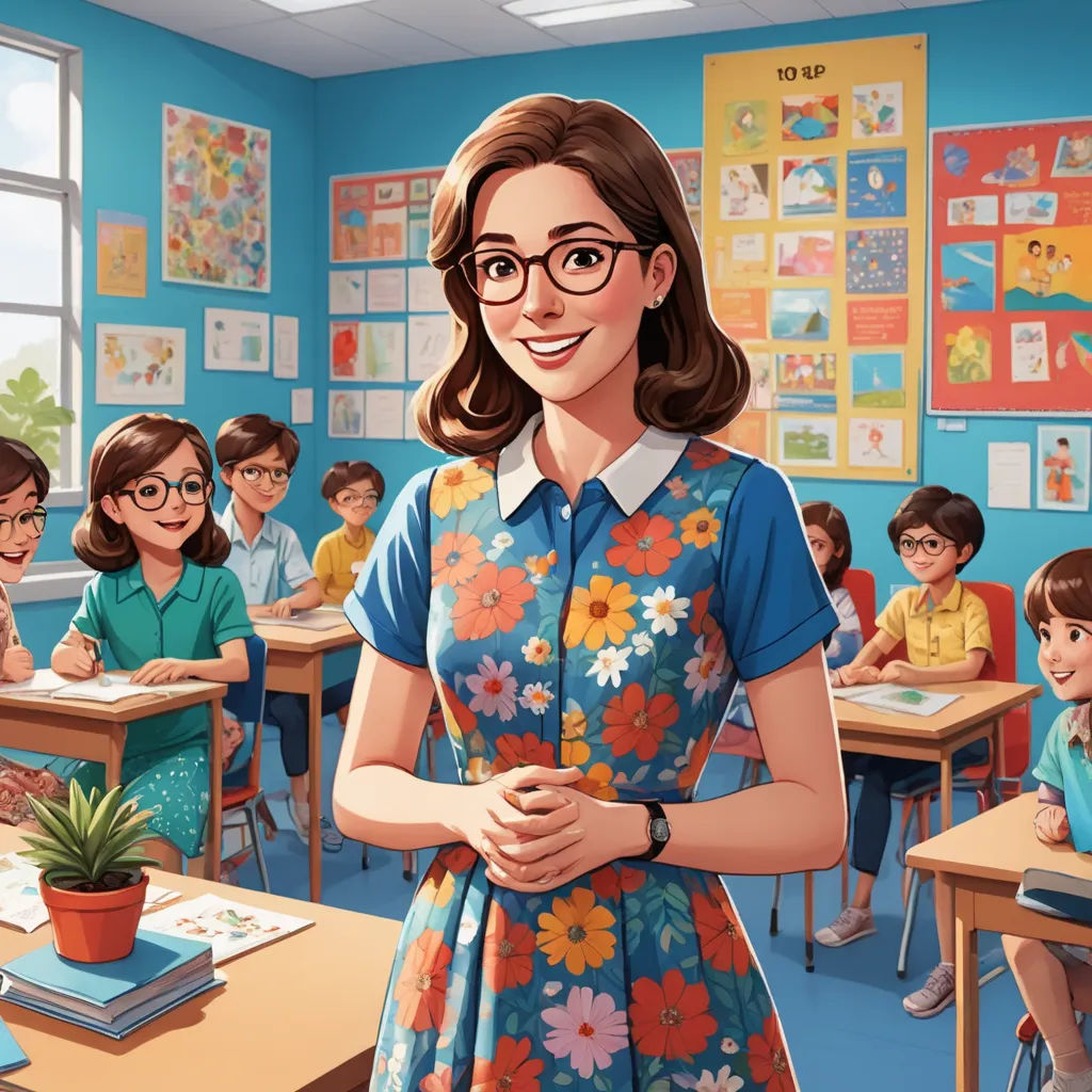 a cartoon girl in a classroom with a flower dress and glasses on her head, standing in front of a group of children, american scene painting, a character portrait, Ada Gladys Killins, official art
