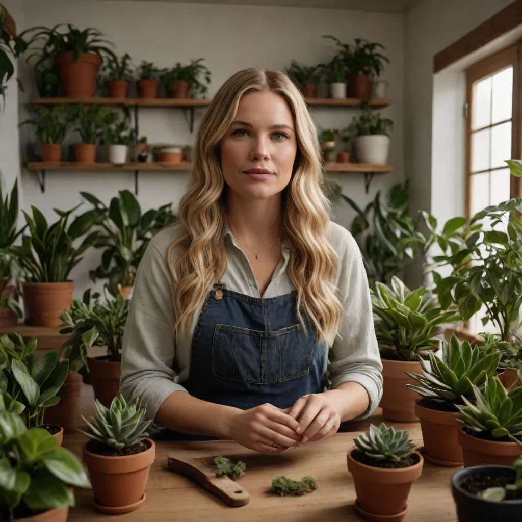 a woman sitting at a table surrounded by potted plants and plants in pots and a wooden spoon in front of her, private press, a stock photo, Emma Geary, promotional image