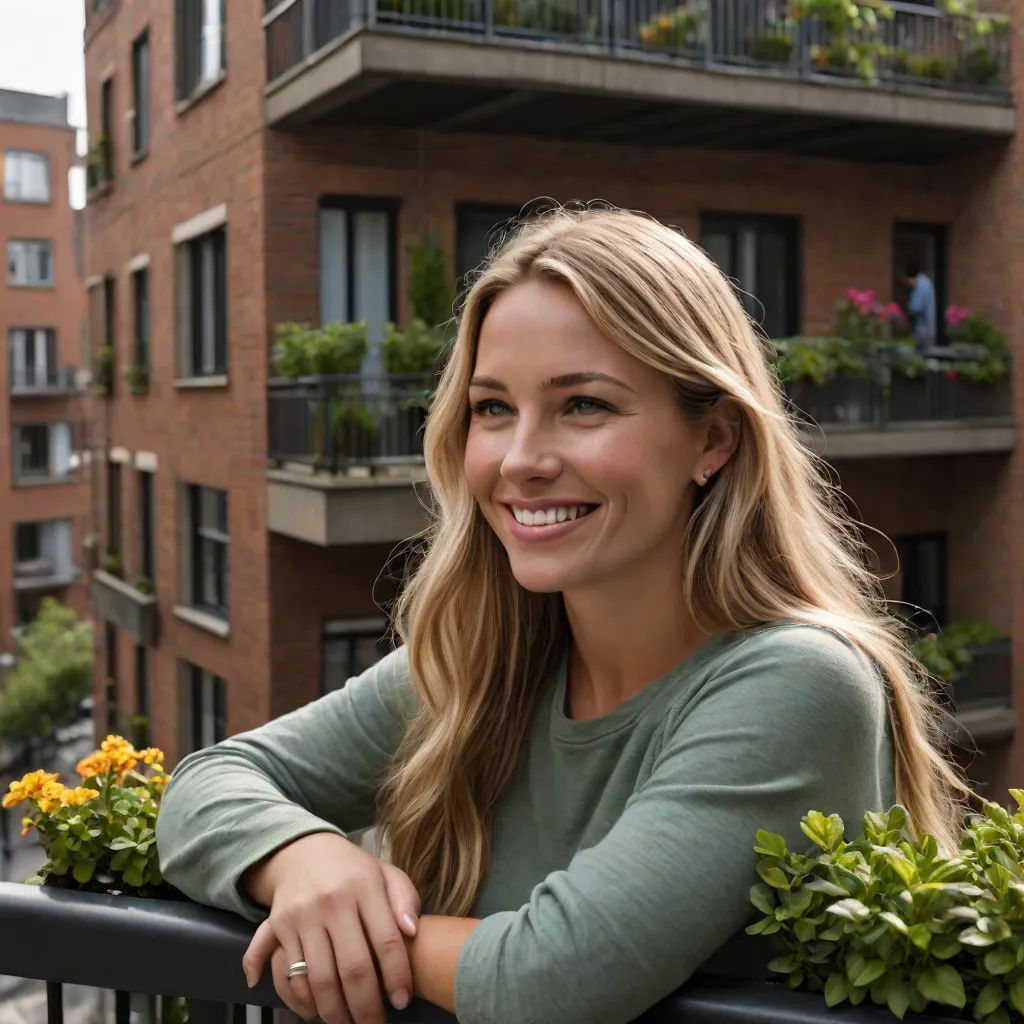 a woman is smiling while leaning on a balcony railing with flowers in the planters on the balconies, private press, a stock photo, Caroline Mytinger, promotional image