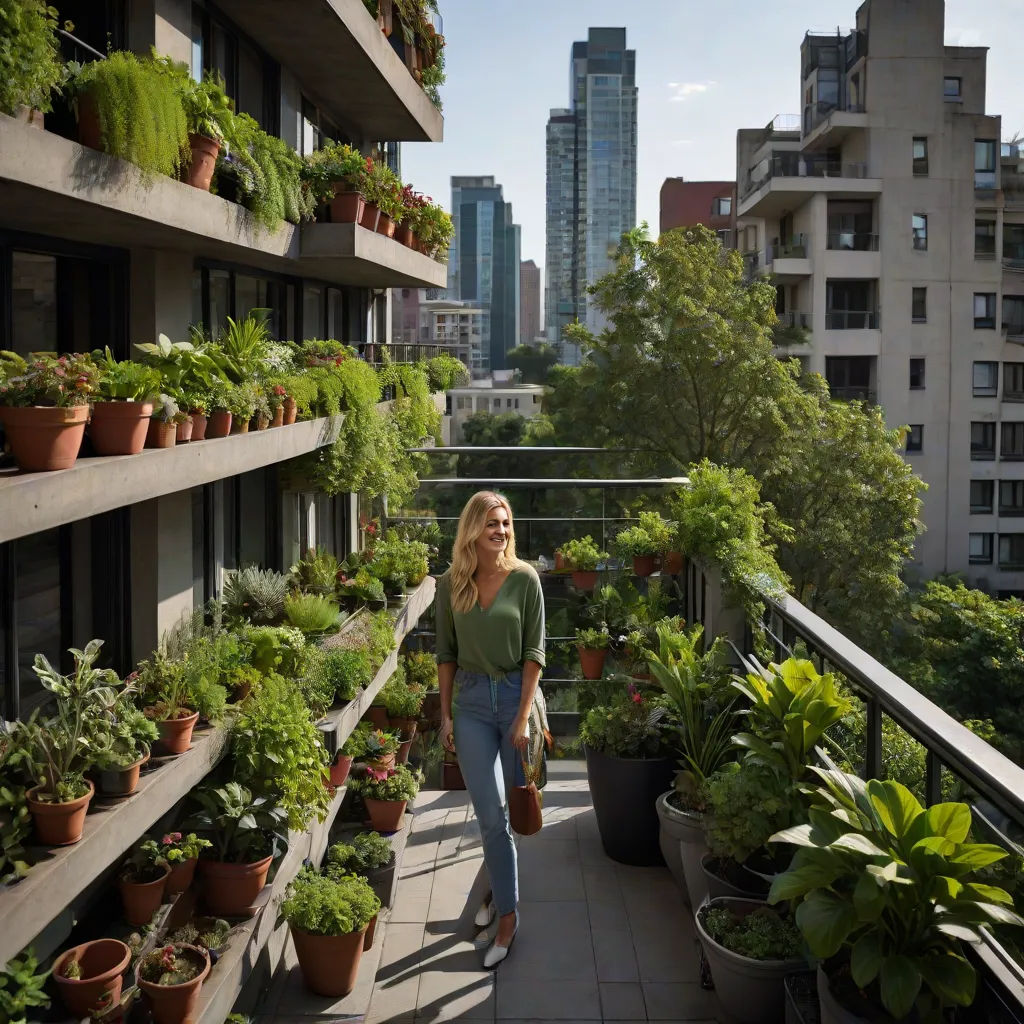 a woman walking down a balcony with potted plants on it and buildings in the background, with a woman carrying a purse, ecological art, a stock photo, Evelyn Abelson, plants