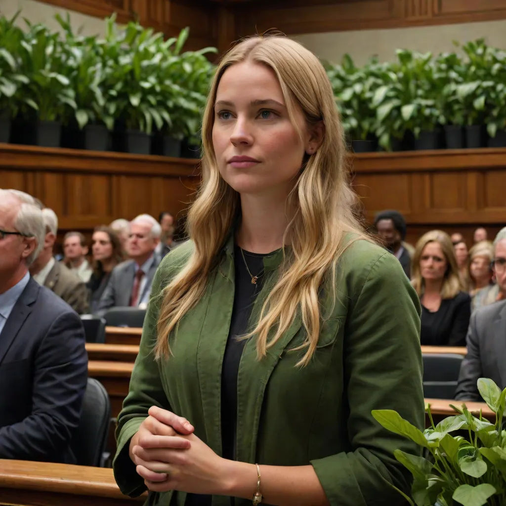 a woman standing in front of a group of people in a courtroom with a green plant in the foreground, naturalism, a renaissance painting, Amalia Lindegren, promotional image