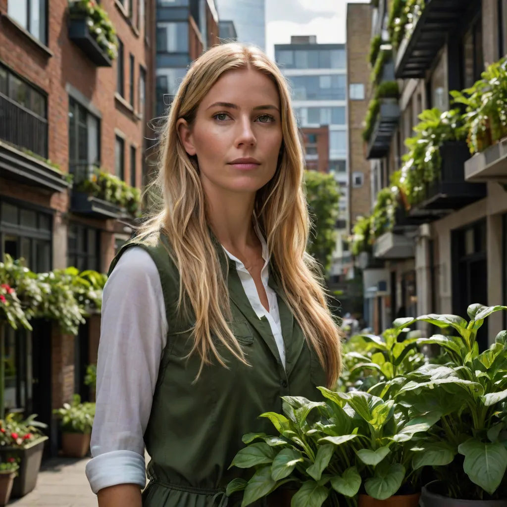 a woman standing in a street with potted plants in front of her and a city street in the background, private press, a character portrait, Alison Debenham, promotional image