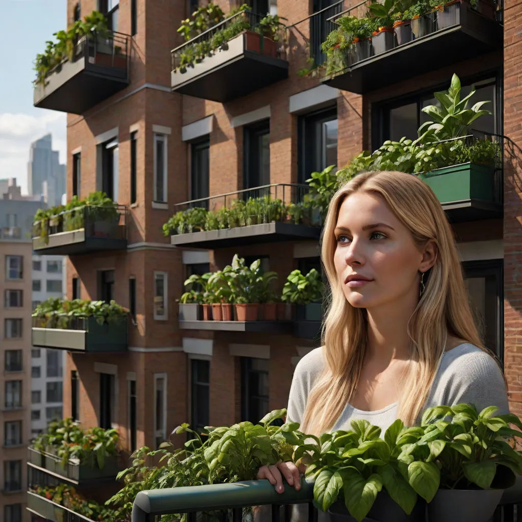 a woman standing on a balcony with a balcony garden in front of her and a building in the background, photorealism, a computer rendering, Amalia Lindegren, 8k photorealistic