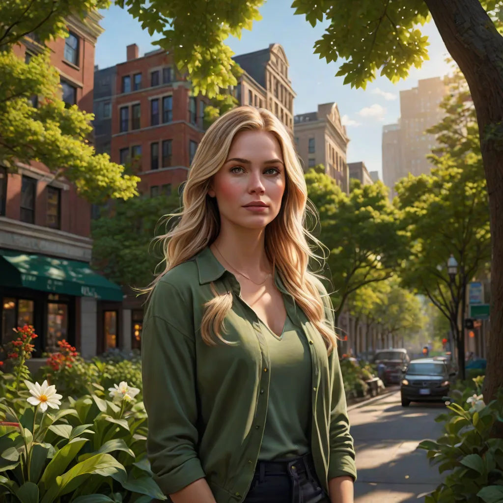 a woman standing on a sidewalk in front of a tree and flowers in a city street with buildings in the background, photorealism, a photorealistic painting, Anna Katharina Block, promotional image