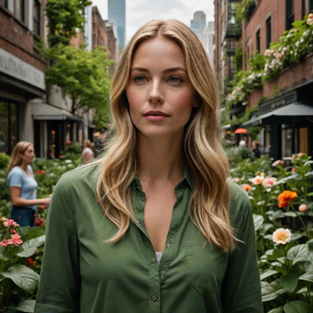 a woman standing in a garden with flowers in the background and a city in the background with people walking around, naturalism, a photorealistic painting, Christian Hilfgott Brand, promotional image