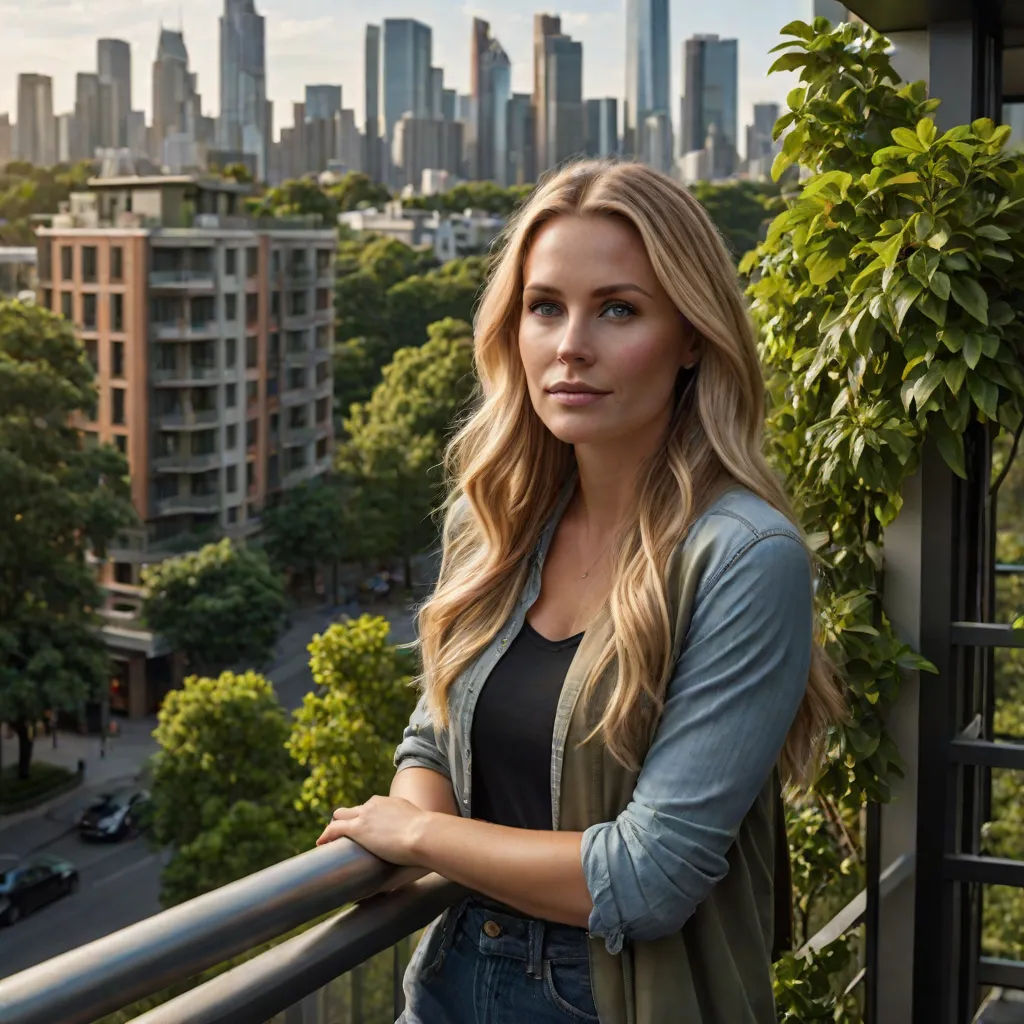 a woman standing on a balcony with a city in the background and a green plant on the railing of the balcony, private press, a character portrait, Anna Katharina Block, promotional image