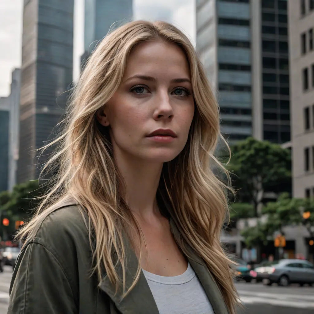 a woman standing in front of a city street with tall buildings in the background and a city street with cars, serial art, a character portrait, Christen Købke, promotional image