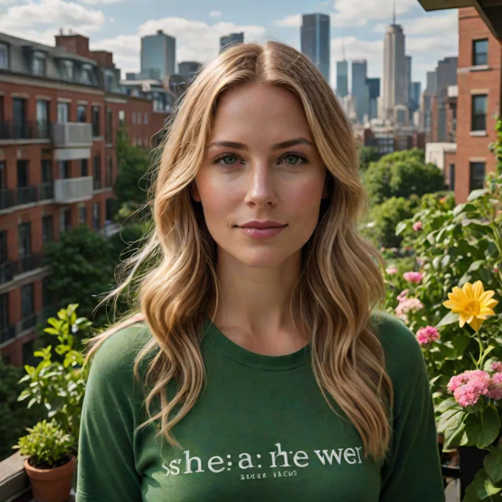 a woman standing in front of a flower garden with a city in the background and a yellow flower in the foreground, private press, a character portrait, Fiona Stephenson, leesha hannigan