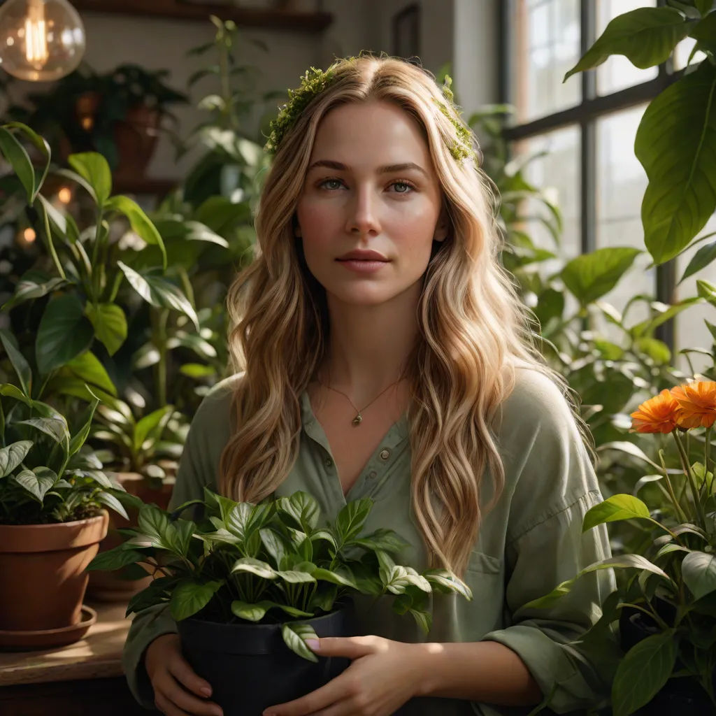 a woman holding a potted plant in a greenhouse with a lot of plants around her and a light bulb hanging from the ceiling, environmental art, a stock photo, Beatrice Huntington, promotional image
