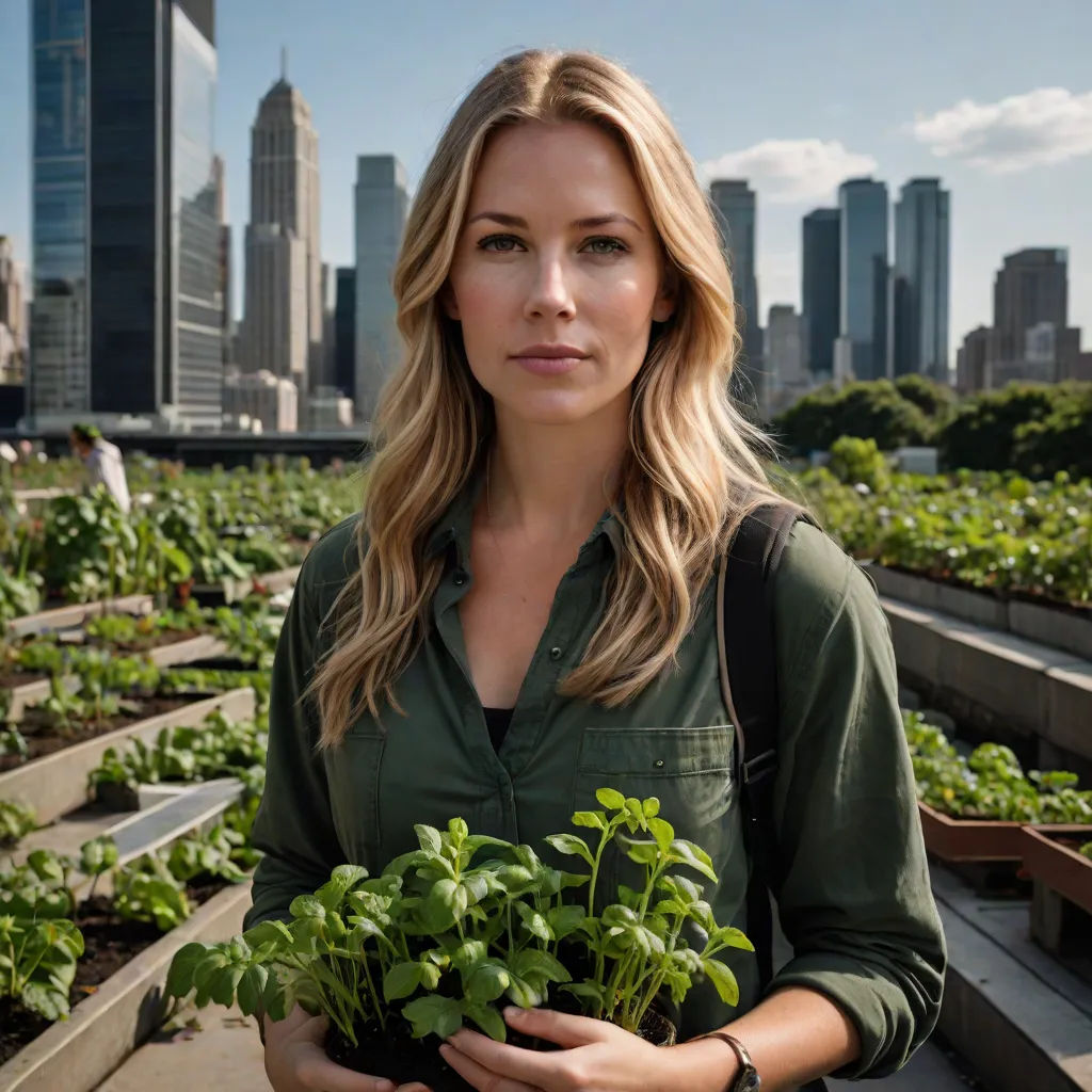 a woman holding a plant in a garden with a city in the background at the end of the day, ecological art, a character portrait, Amy Weber, promotional image