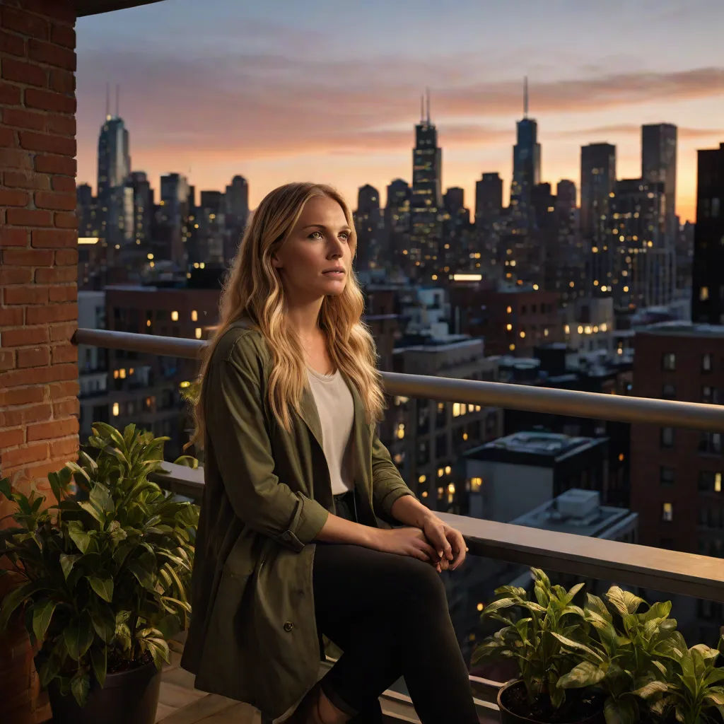 a woman sitting on a balcony overlooking a city at sunset with a view of the city skyline and skyscrapers, american barbizon school, a character portrait, Emma Geary, promotional image