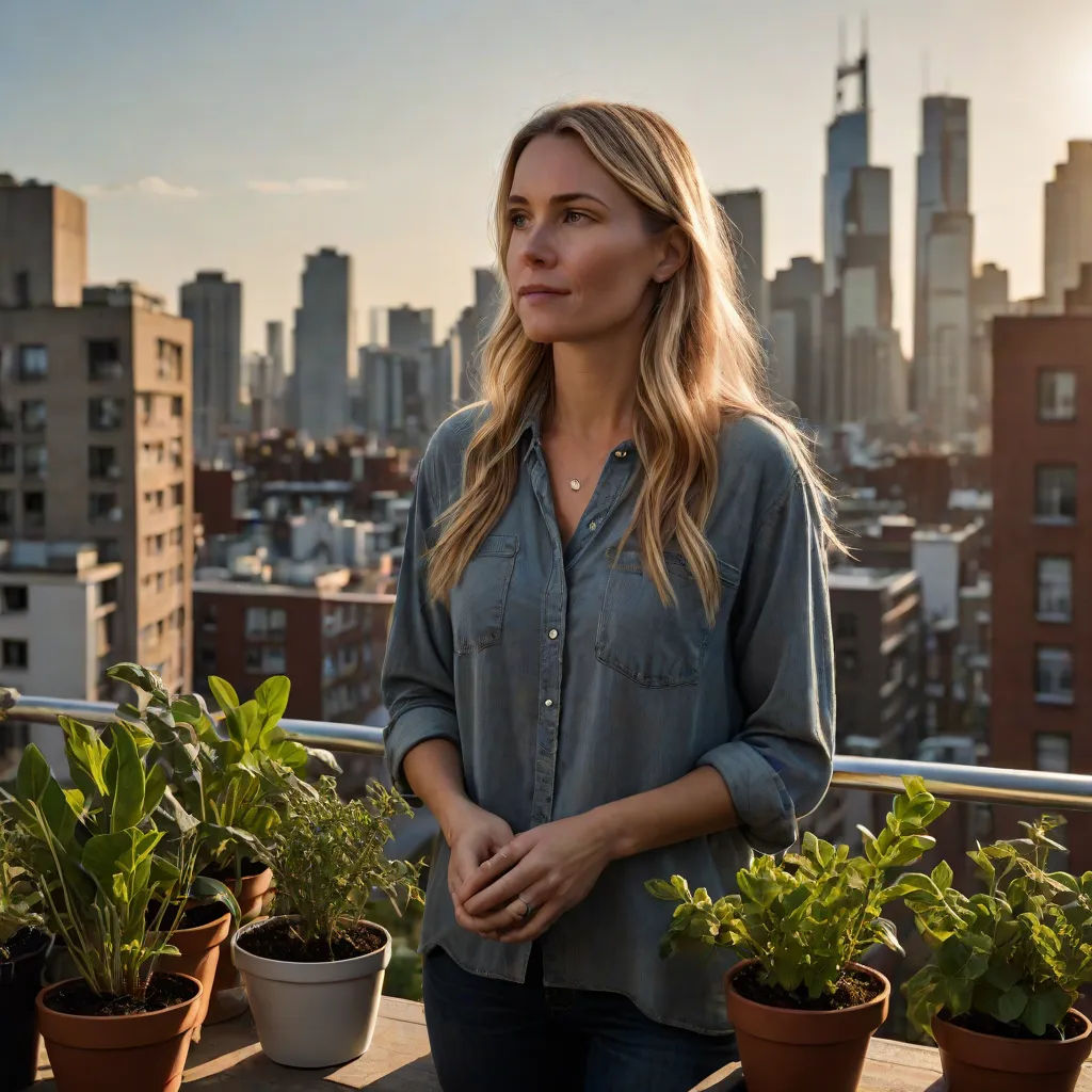 a woman standing on a balcony with potted plants in front of her and a city skyline in the background, private press, a character portrait, Caroline Mytinger, promotional image