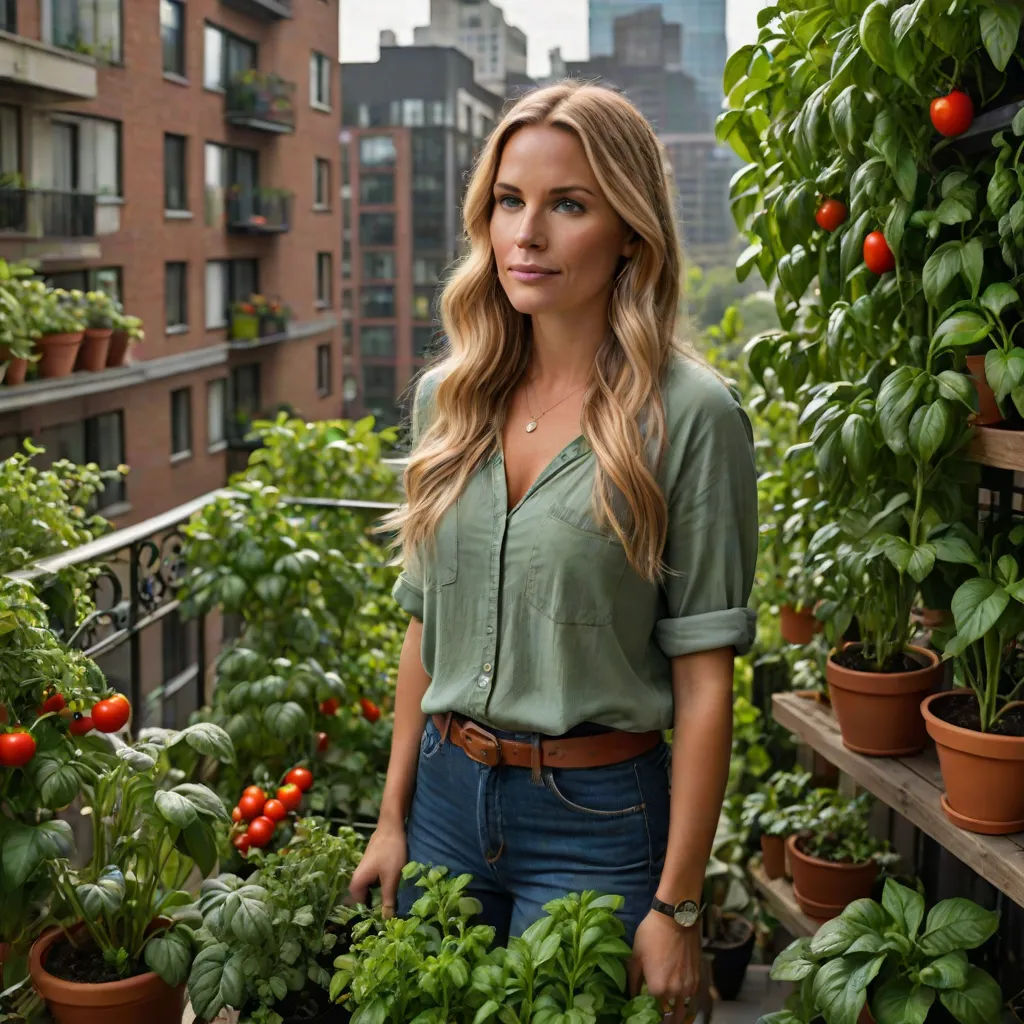 a woman standing in a balcony garden with tomatoes and basil plants on the balcony of a building in the city, private press, a character portrait, Amalia Lindegren, promotional image