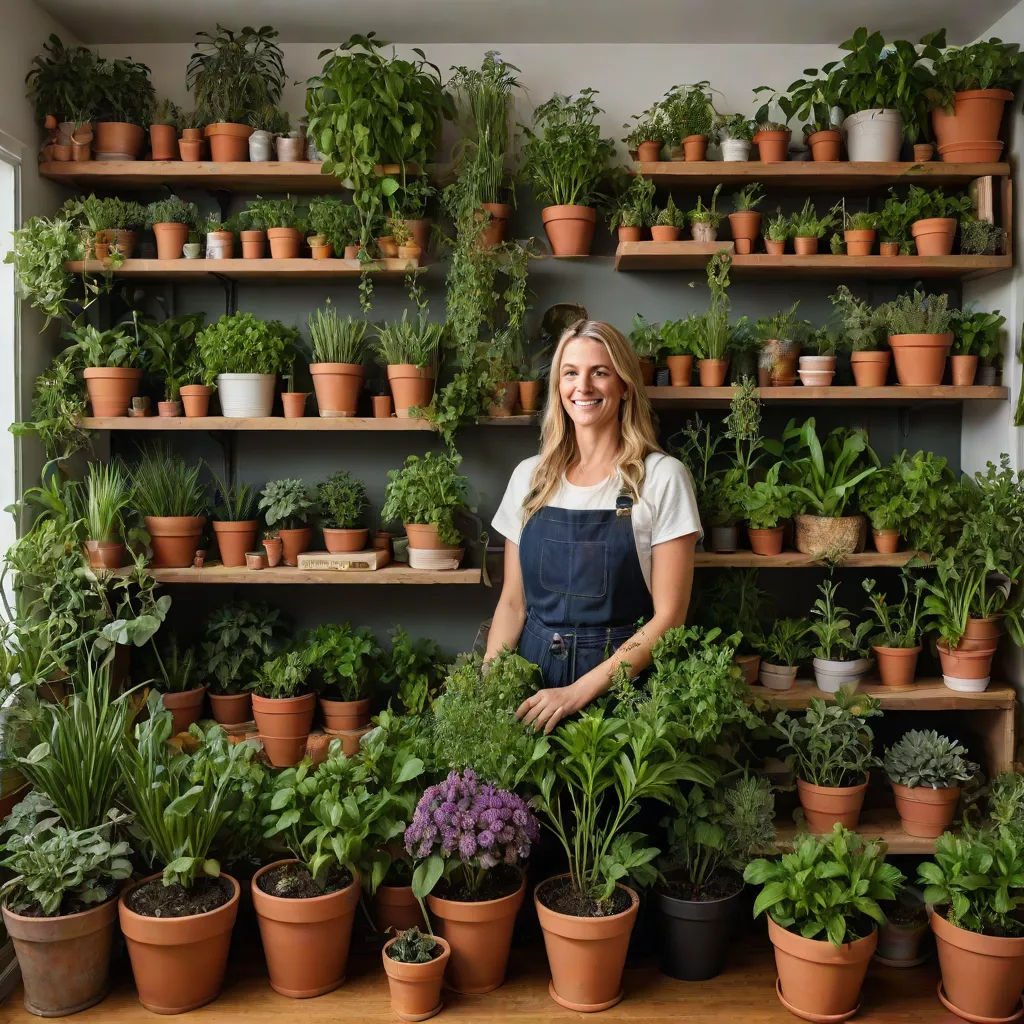 a woman standing in front of a shelf of plants and potted plants in a room with shelves of plants, private press, a stock photo, Emma Geary, plants
